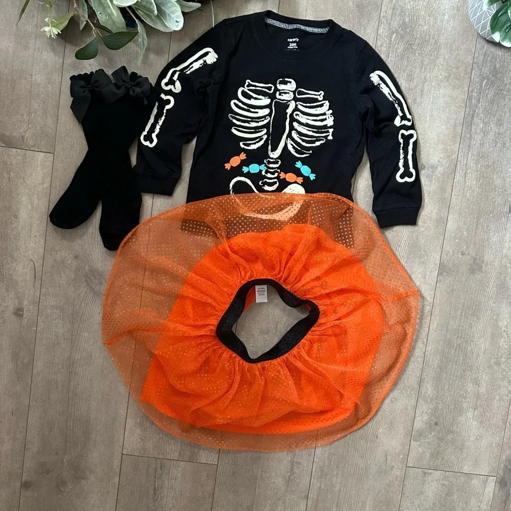 Halloween Glow in the Dark Top, Tutu Skirt, Knee High Socks 3-Piece Outfit Set